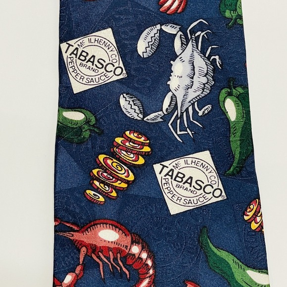 Tabasco Tie Navy Seafood Pattern 100% Silk USA Novelty‎ Crawfish Crawdad Boil - Picture 2 of 4
